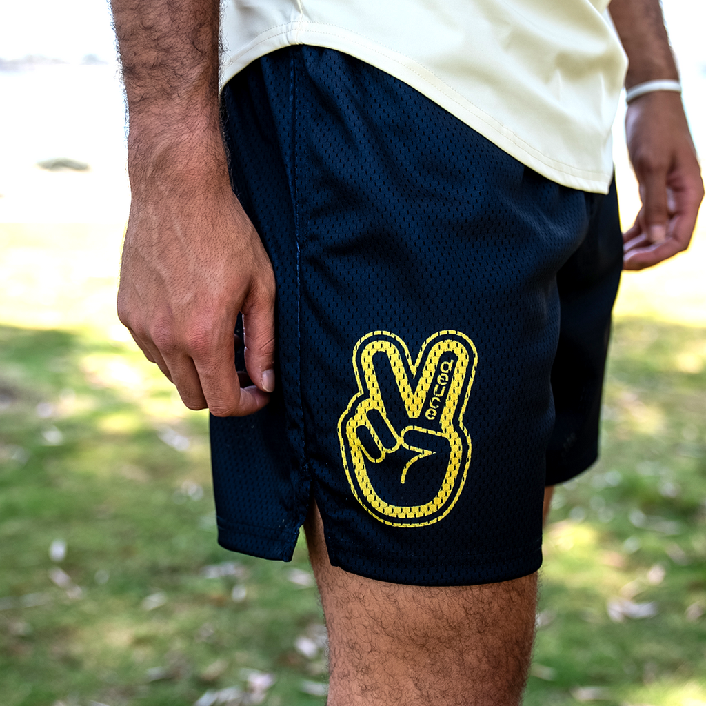 Deuce Mesh Shorts | Black/Yellow Cursive – Deuce Brand