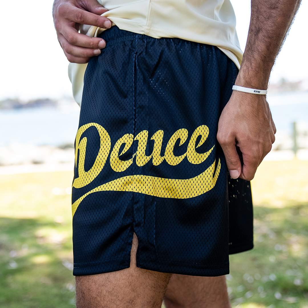 Deuce Mesh Shorts | Black/Yellow Cursive – Deuce Brand Deuce Mesh Shorts | Black/Yellow Cursive – Deuce Brand